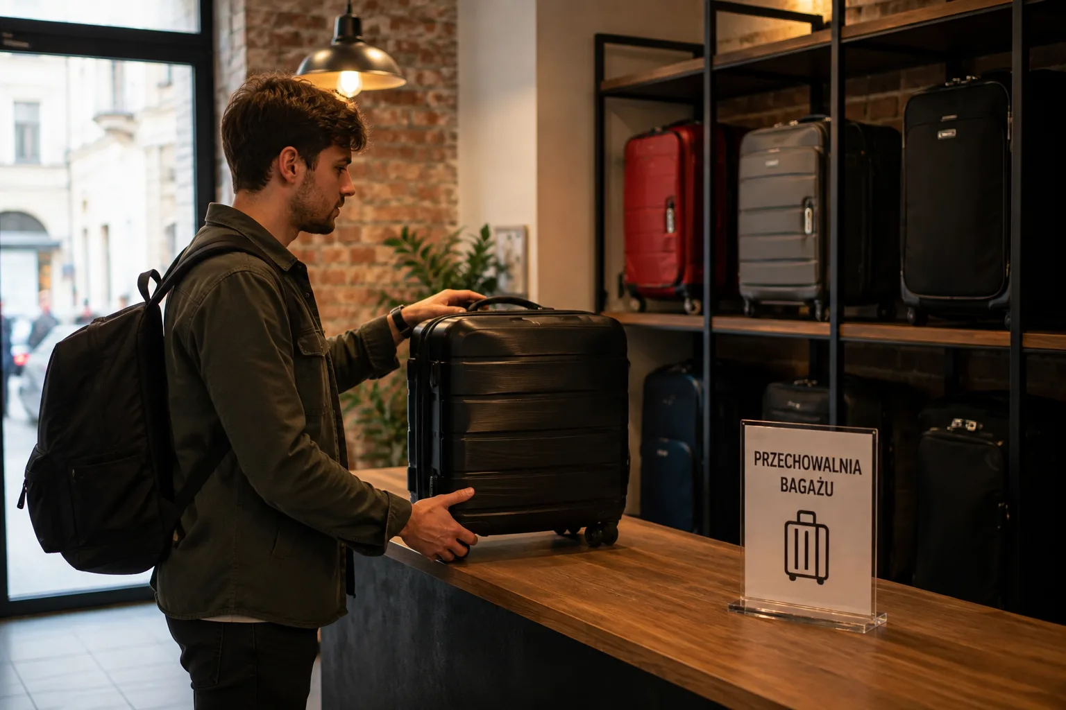 A traveller handing a suitcase over the counter at a staffed luggage storage point
