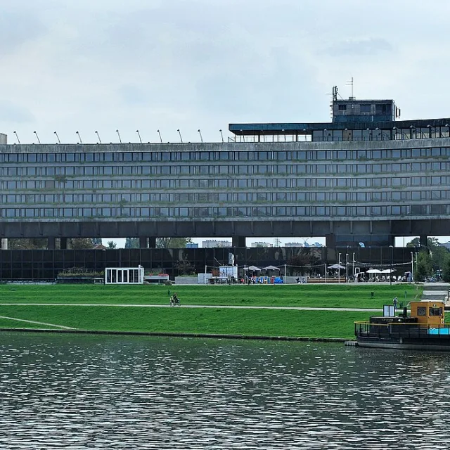 The former Hotel Forum seen from the Vistula, Krakow