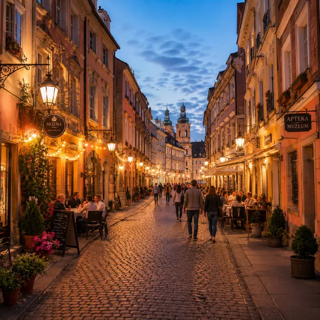 A lit evening street in Krakow's Old Town with people walking