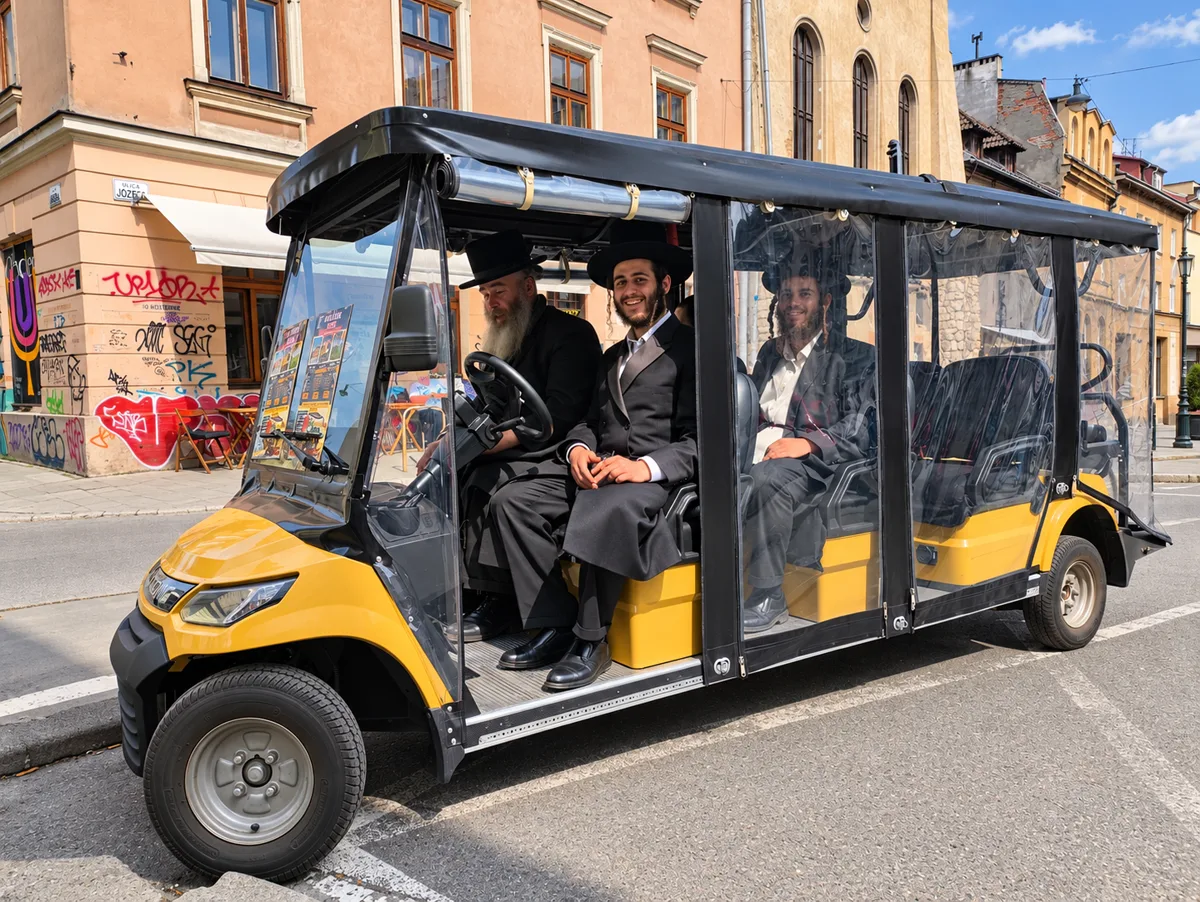 נוסעים ברכב גולף חשמלי של YourKrakow בקז'ימייז' שבקרקוב